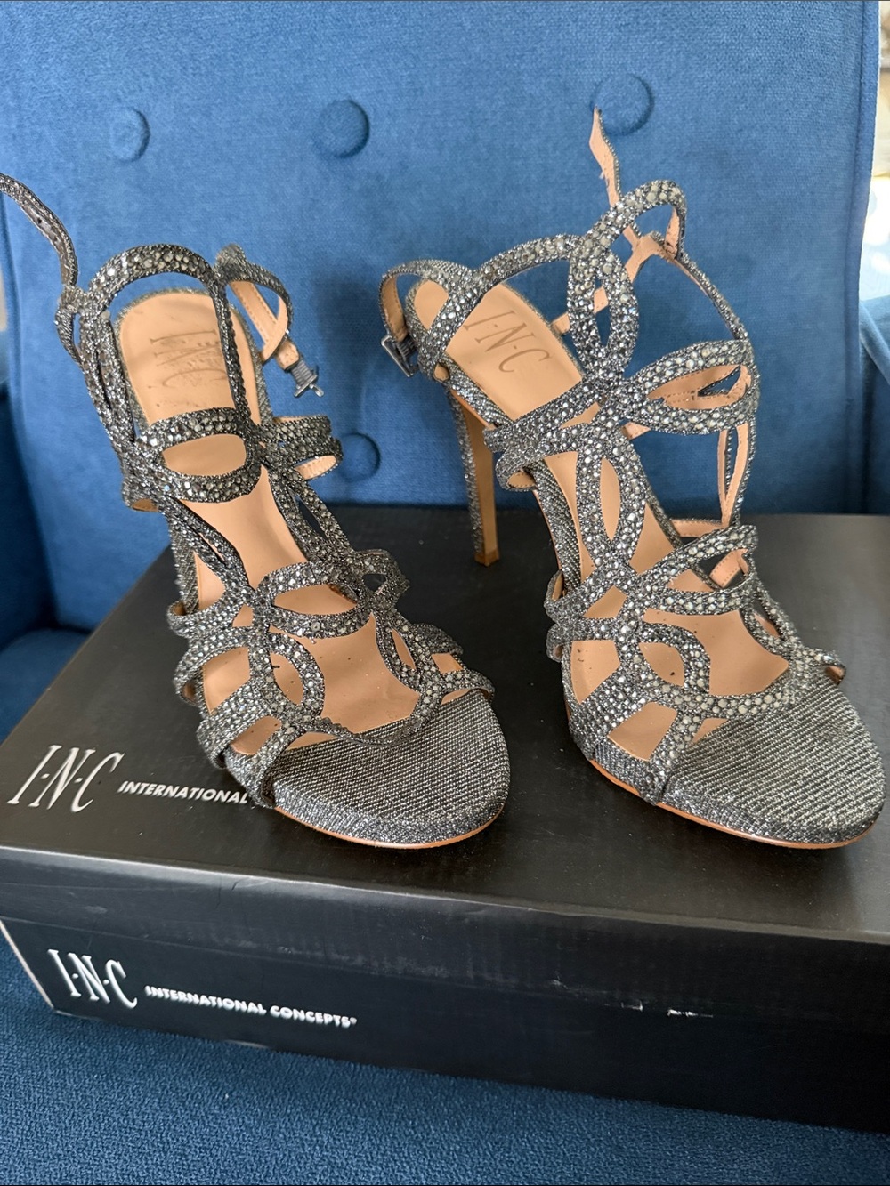 INC International Concepts Silver Glitter Strappy Stiletto Heels